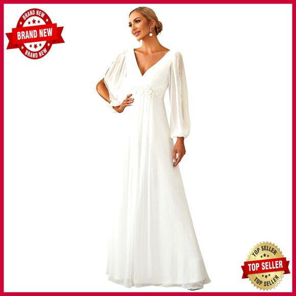 V Neck Long Sleeve Floor Length Chiffon Formal Evening Dress Elegant -  www.ice4pros.com.br